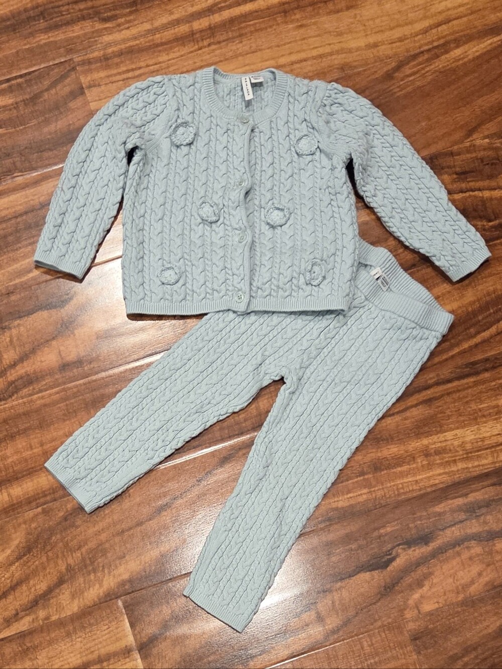Janie and Jack EUC 18-24 Mint Cableknit Floral Embroidered Sweater and Pants Set